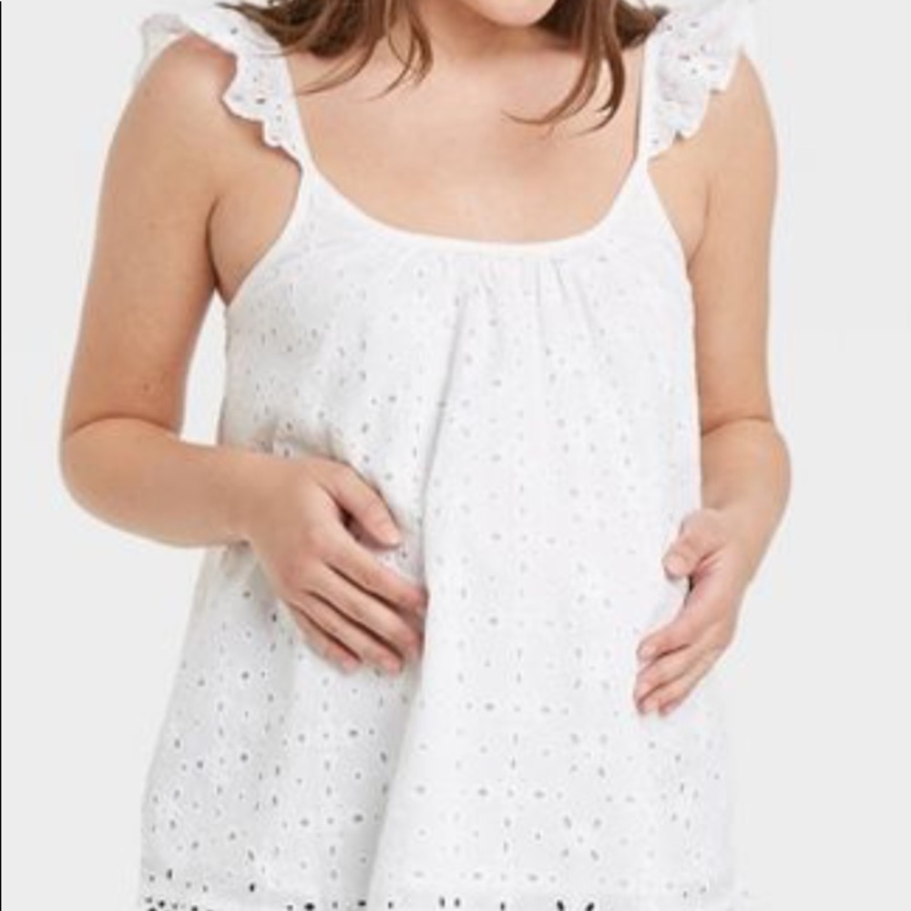 The Nines by HATCH White Eyelet Ruffle Strap Tank